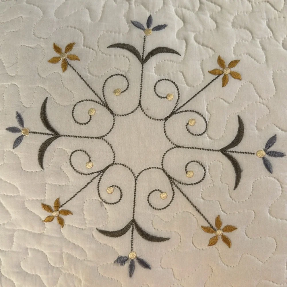 Pillows Set of 3 Cream and Blue Quilted Accent Pillows with Elegant Embroidery